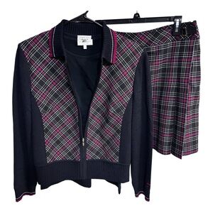 NWOT St. John Sport 3pc Black Plaid Zip Jacket, Top & Skort w Red Accents L/14
